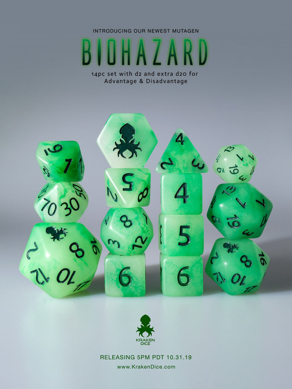 Biohazard Glow in the Dark 14pc Dice Set with Green Ink